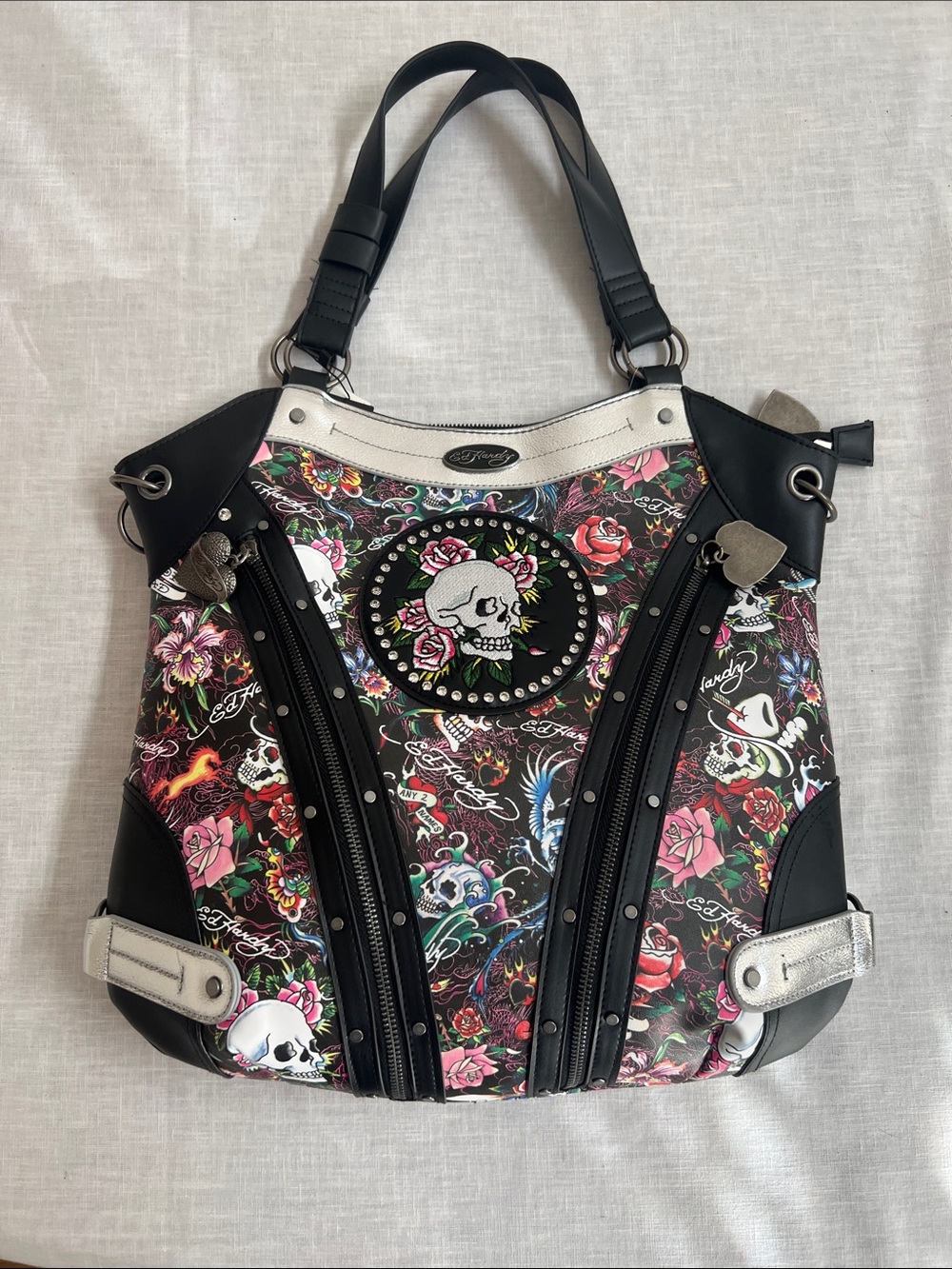 🌞 Ed Hardy Black Floral Skull Tote with Silver Trim hand bag cross body bag
